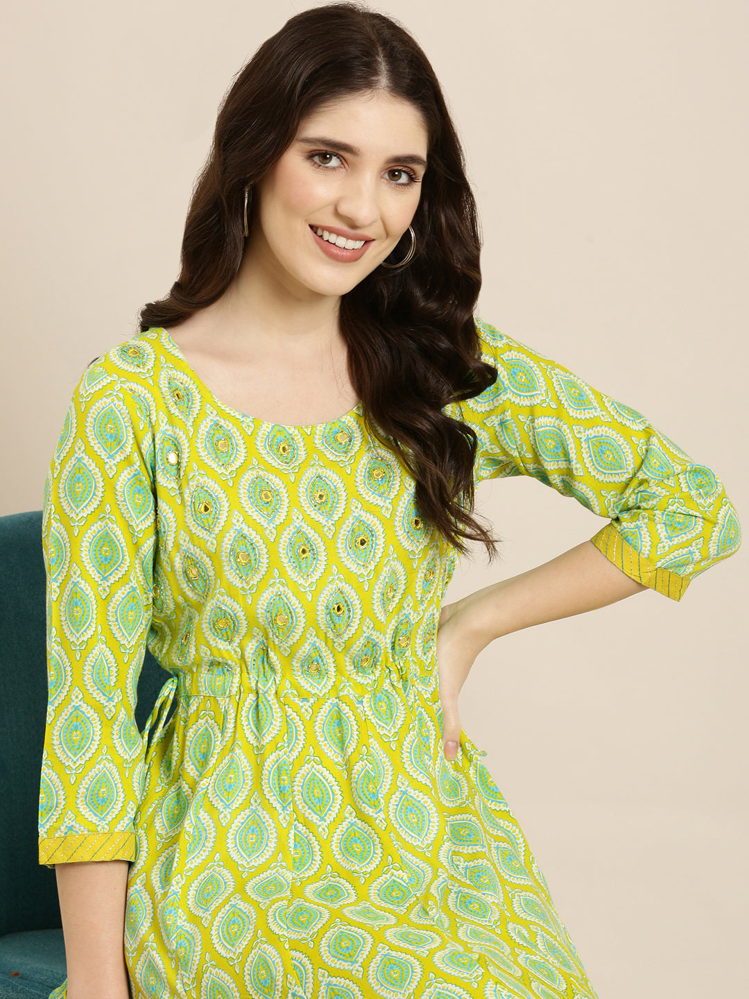 Women Lime Green Printed Anarkali Kurta