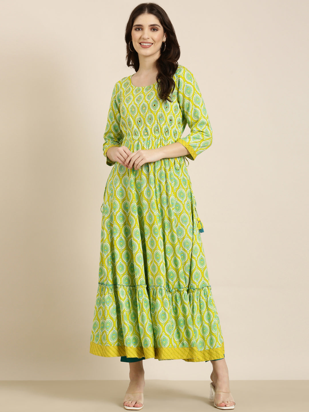 Women Lime Green Printed Anarkali Kurta