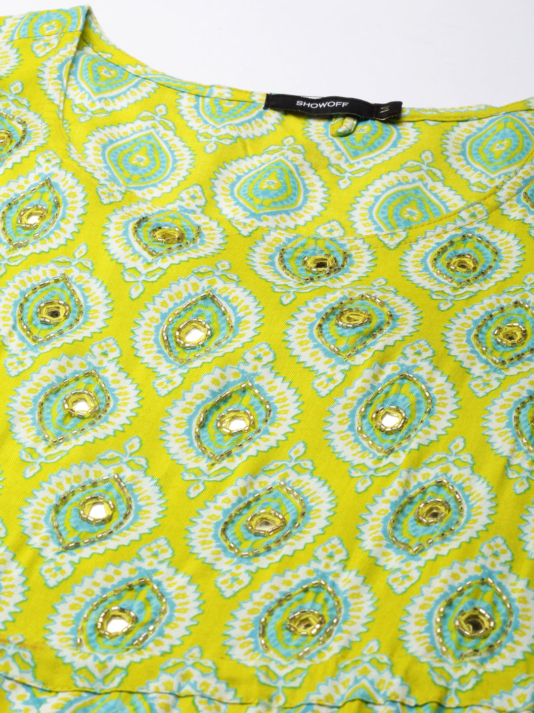 Women's Lime Green Ethnic Motifs Printed Mirror Work Anarkali Kurta