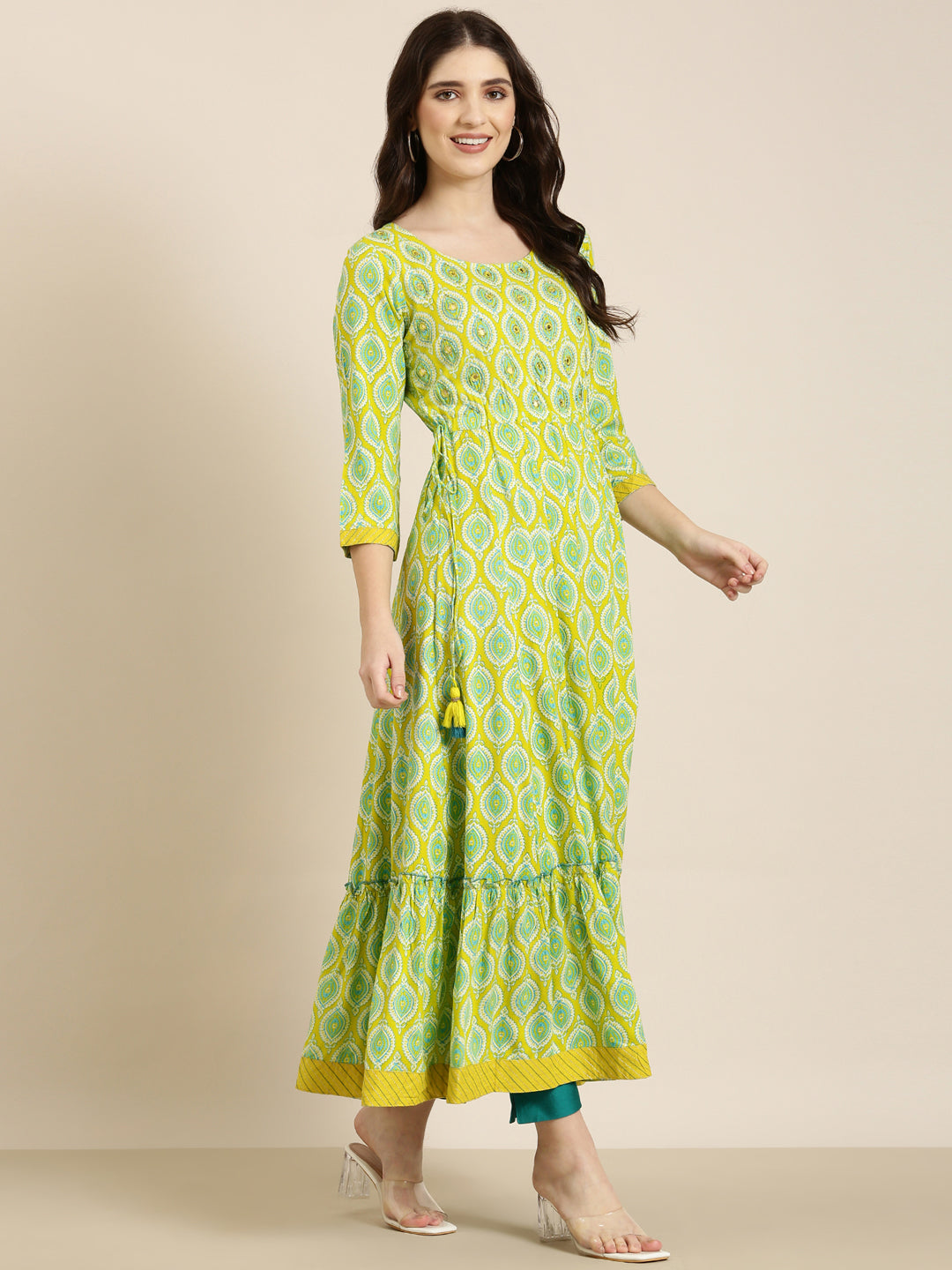 Women's Lime Green Ethnic Motifs Printed Mirror Work Anarkali Kurta