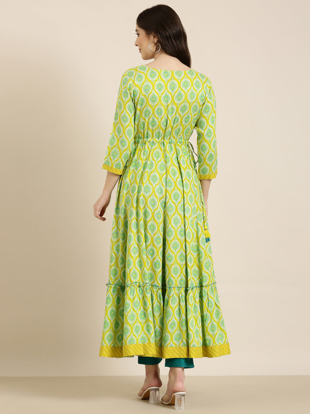 Women's Lime Green Ethnic Motifs Printed Mirror Work Anarkali Kurta