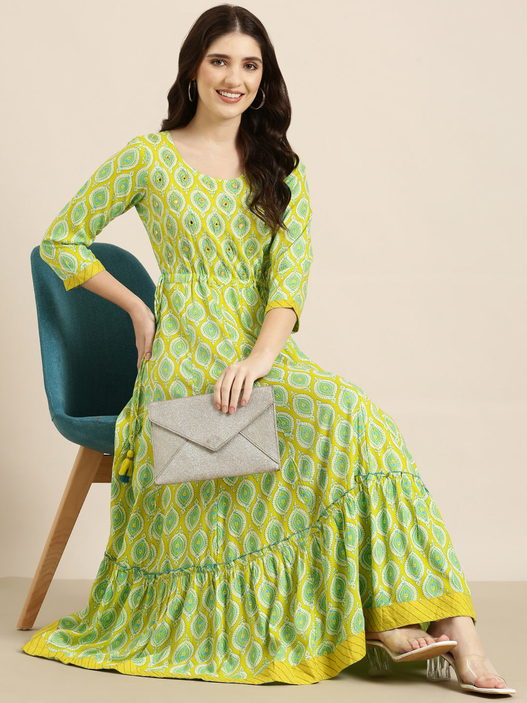 Women's Lime Green Ethnic Motifs Printed Mirror Work Anarkali Kurta
