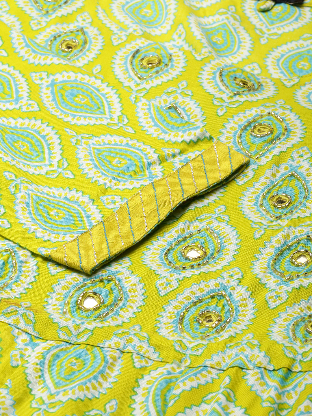 Women's Lime Green Ethnic Motifs Printed Mirror Work Anarkali Kurta