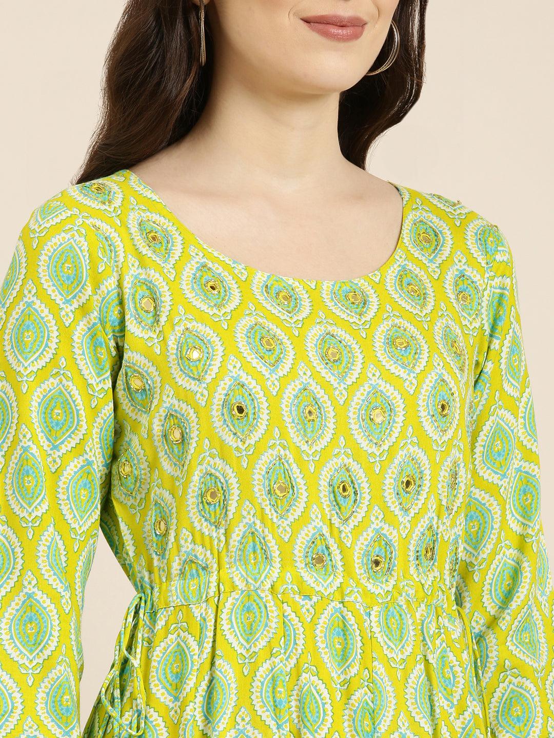 Women's Lime Green Ethnic Motifs Printed Mirror Work Anarkali Kurta