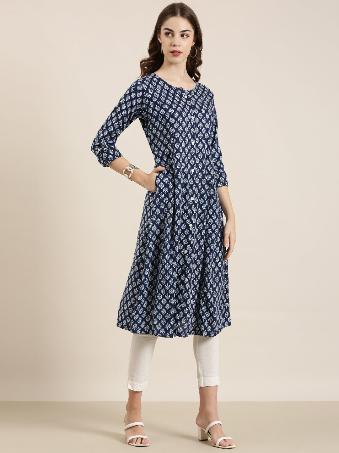 Women Navy Blue Printed A-Line Kurta