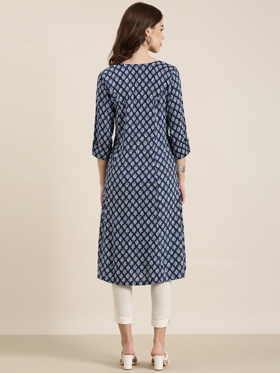 Women Navy Blue Printed A-Line Kurta