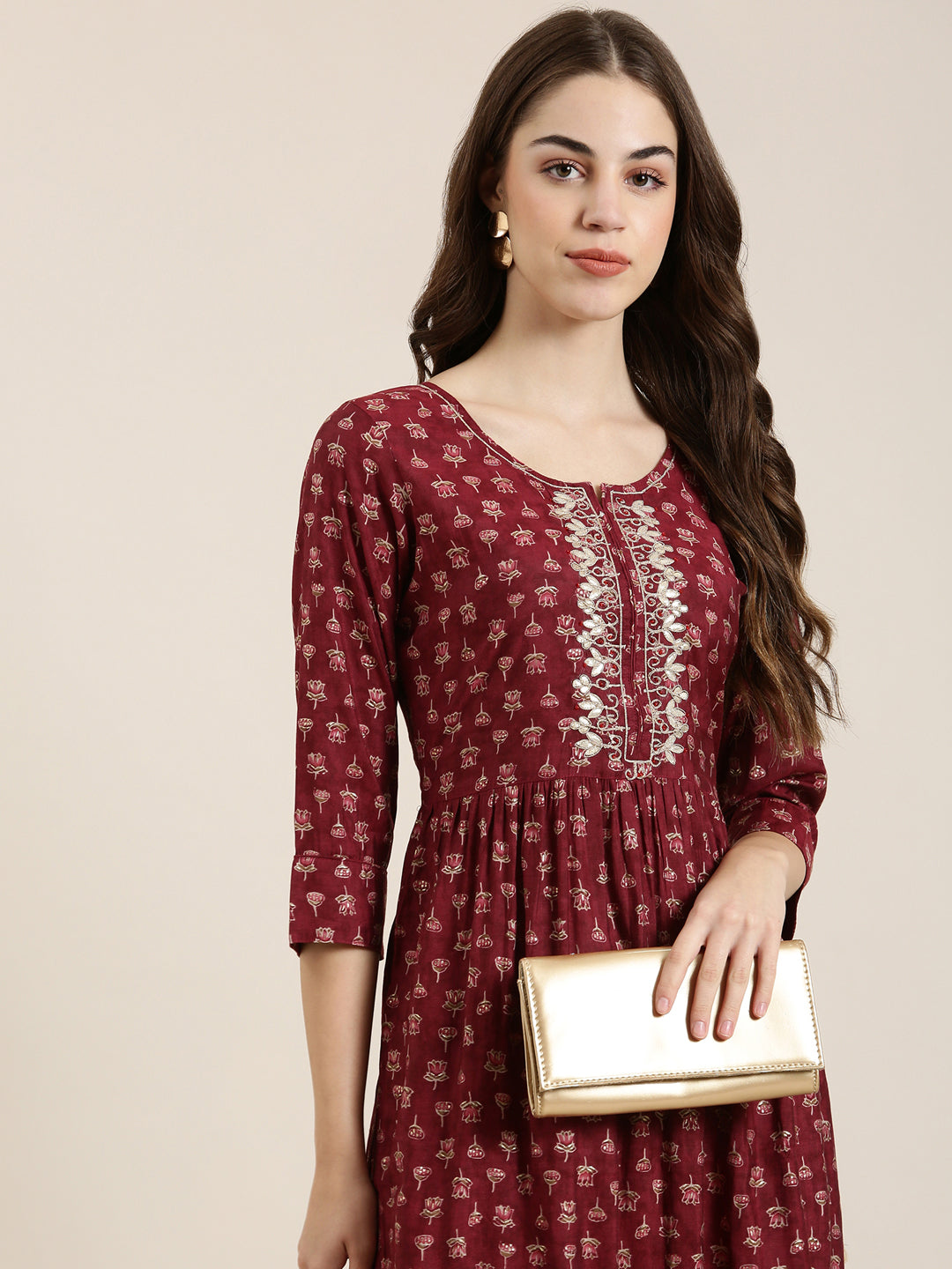 Women Maroon Floral A-Line Kurta