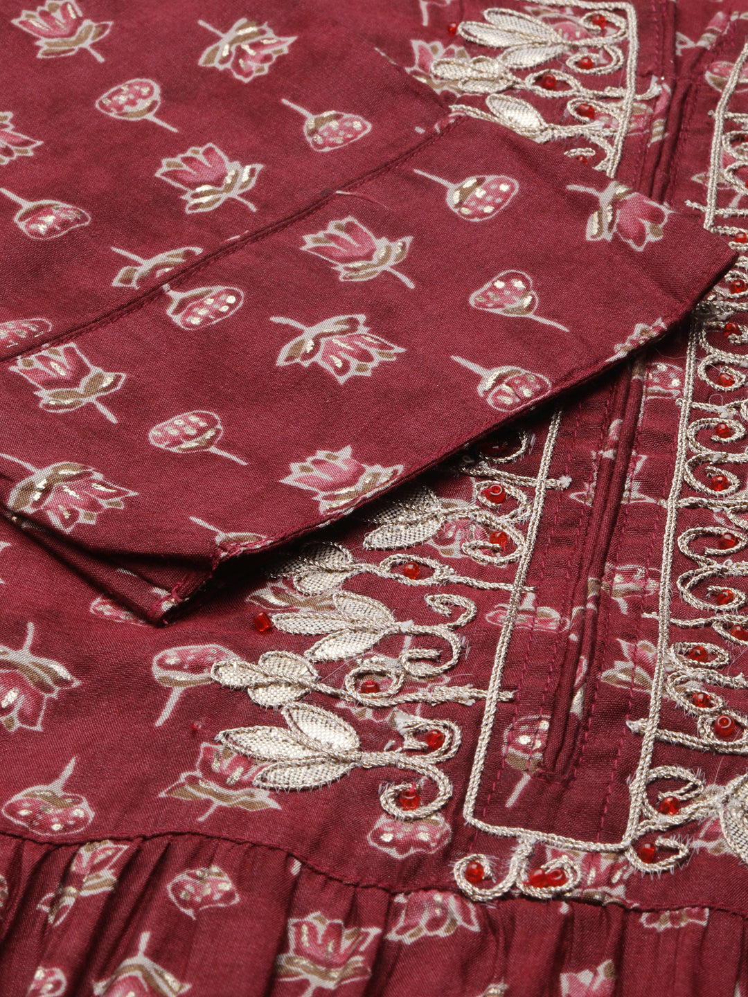 Women Maroon Floral A-Line Kurta