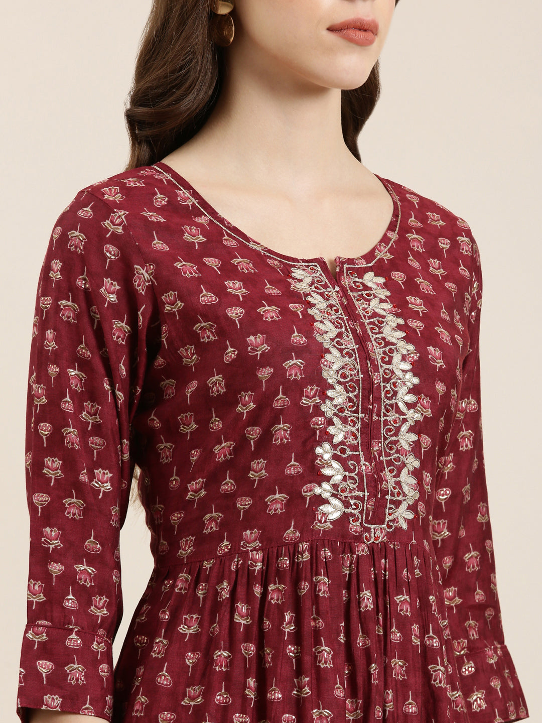 Women Maroon Floral A-Line Kurta