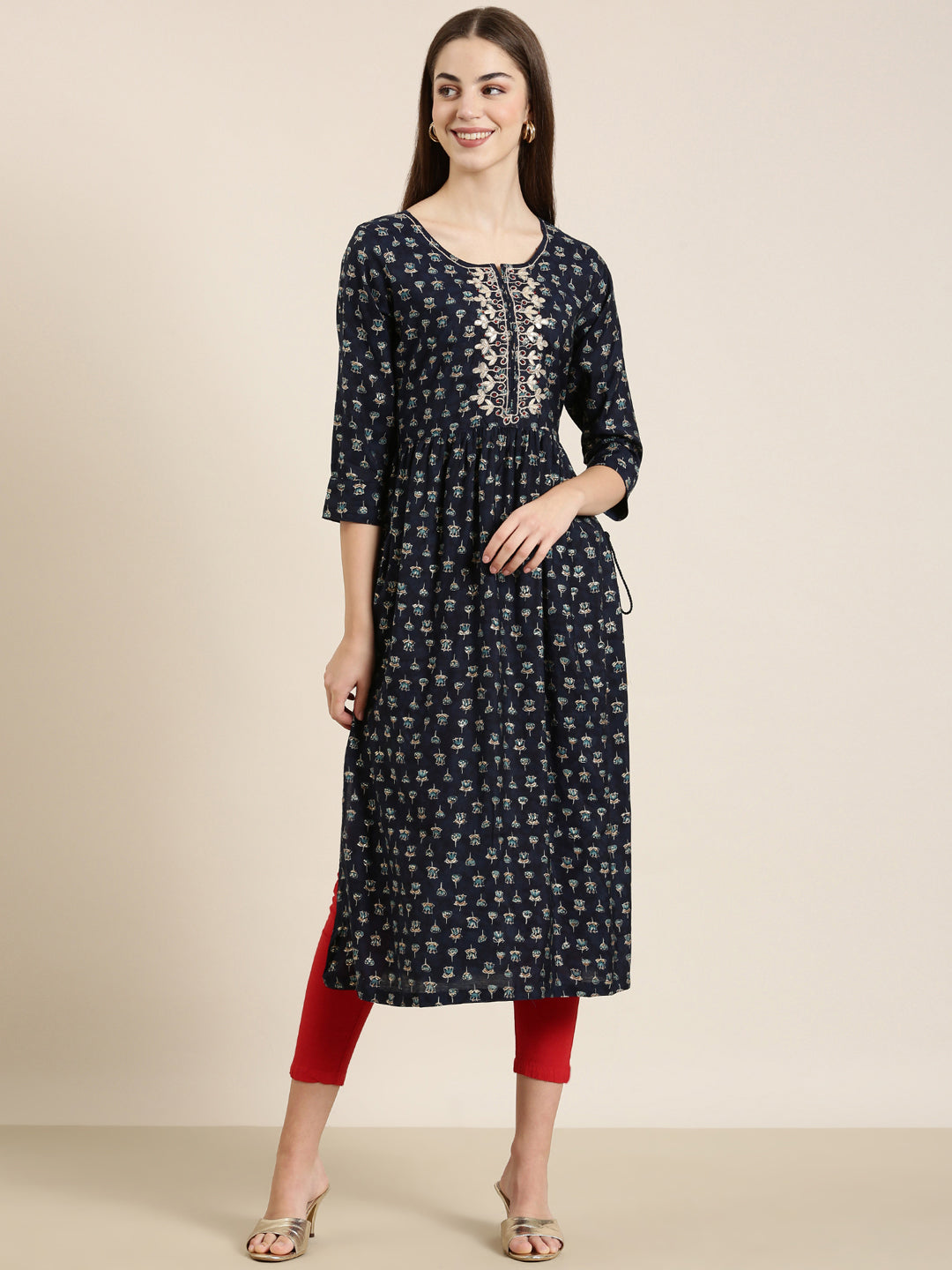 Women Navy Blue Floral A-Line Kurta