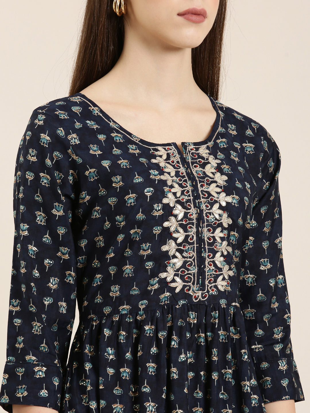 Women Navy Blue Floral A-Line Kurta