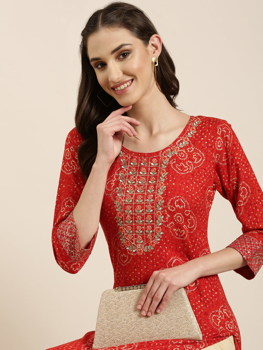 Women Red Printed Straight Kurta