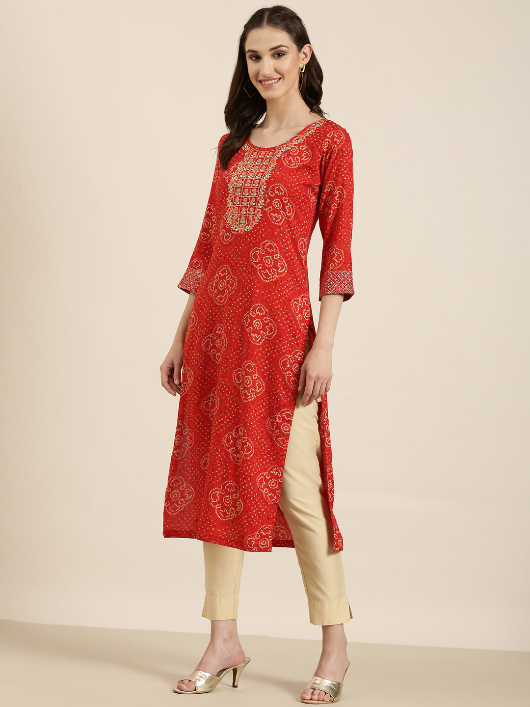 Women Red Printed Straight Kurta