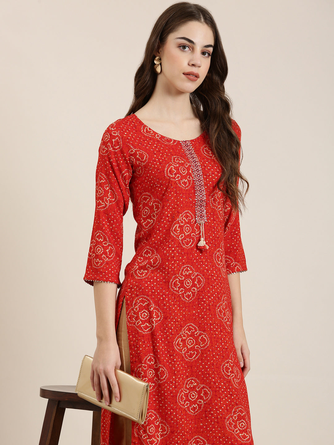 Women Red Printed Straight Kurta