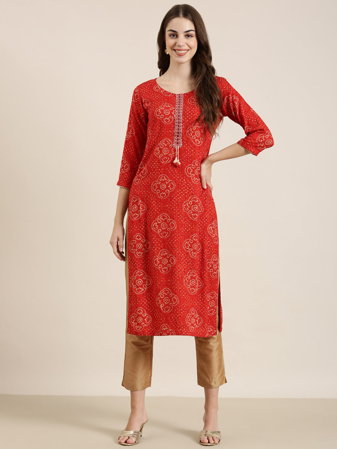 Women Red Printed Straight Kurta