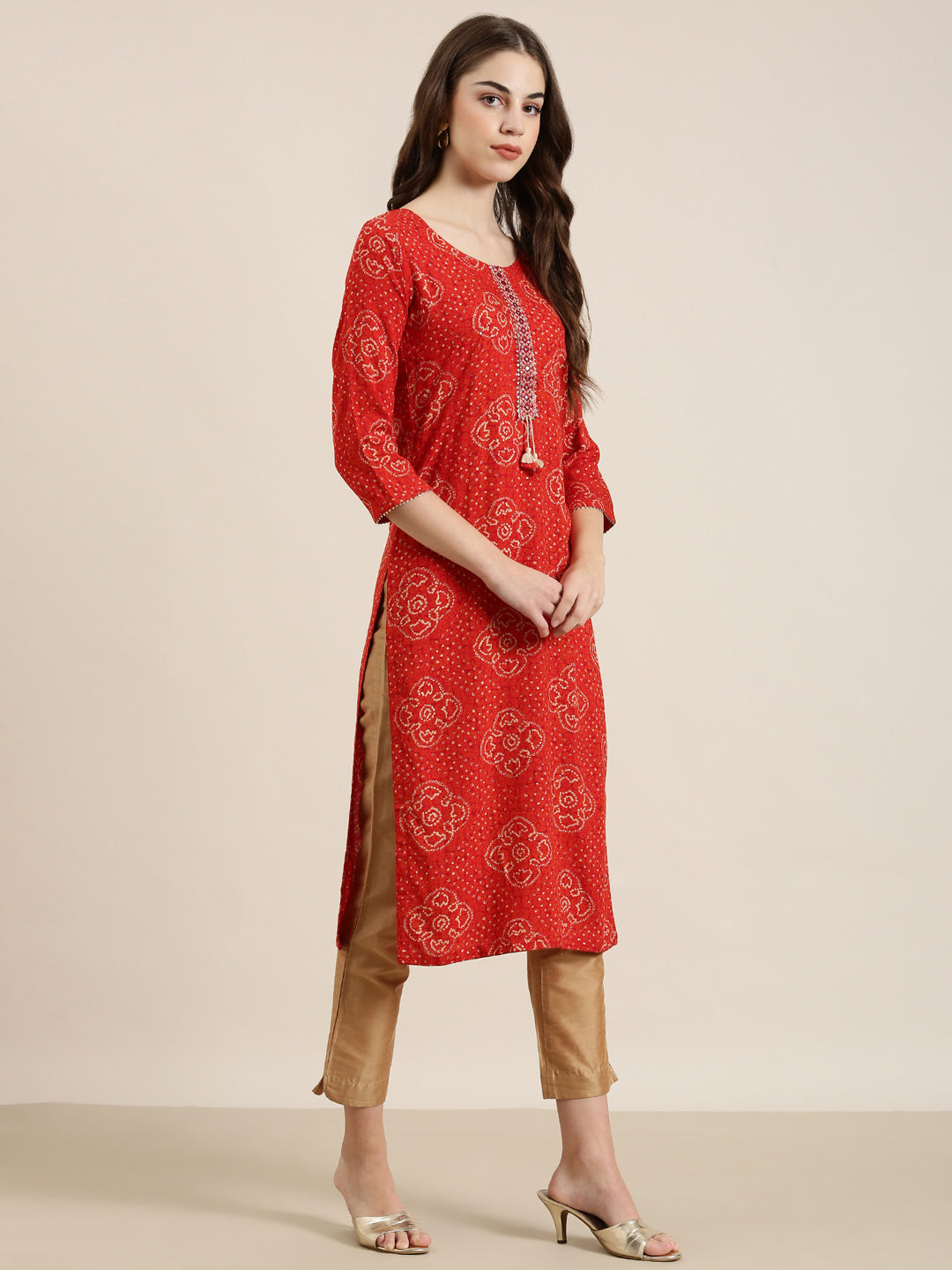 Women Red Printed Straight Kurta