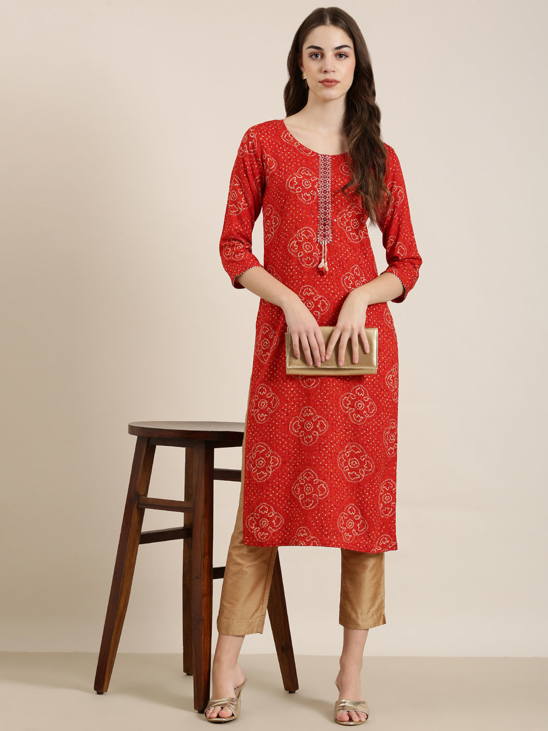 Women Red Printed Straight Kurta