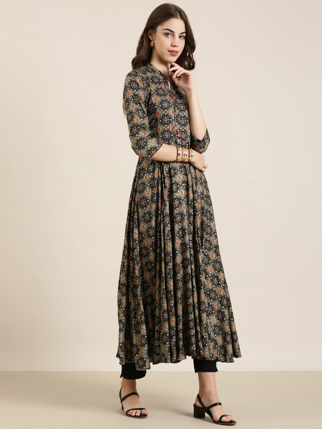 Women Black Printed Anarkali Kurta