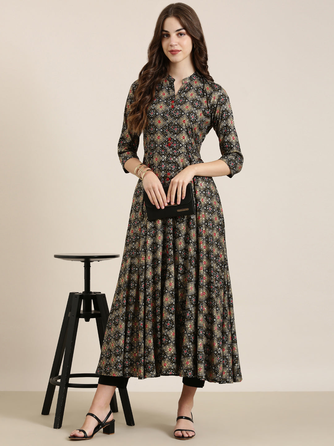 Women Black Printed Anarkali Kurta