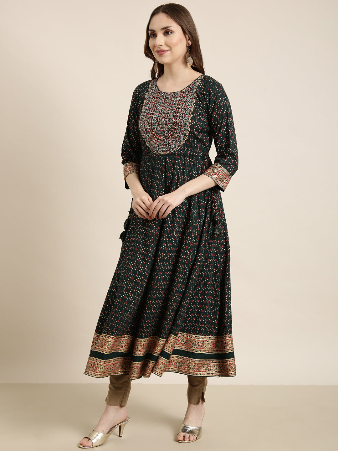 Women Anarkali Green Ethnic Motifs Kurta