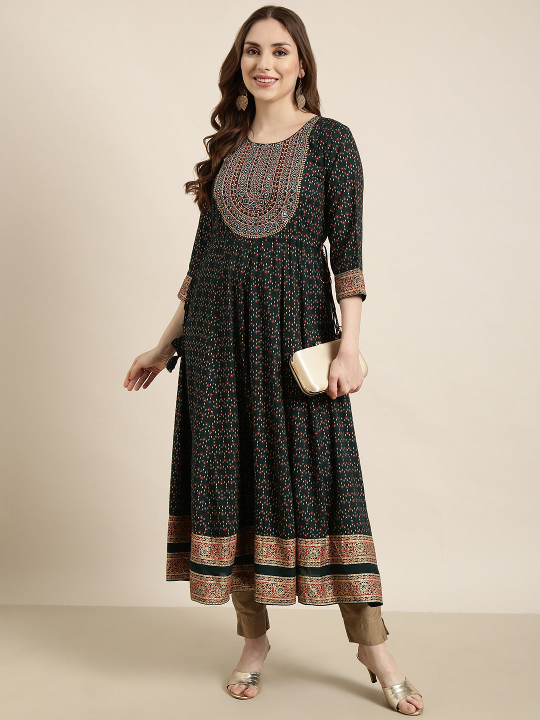 Women Anarkali Green Ethnic Motifs Kurta