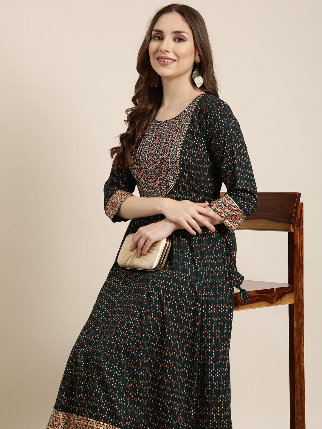 Women Anarkali Green Ethnic Motifs Kurta