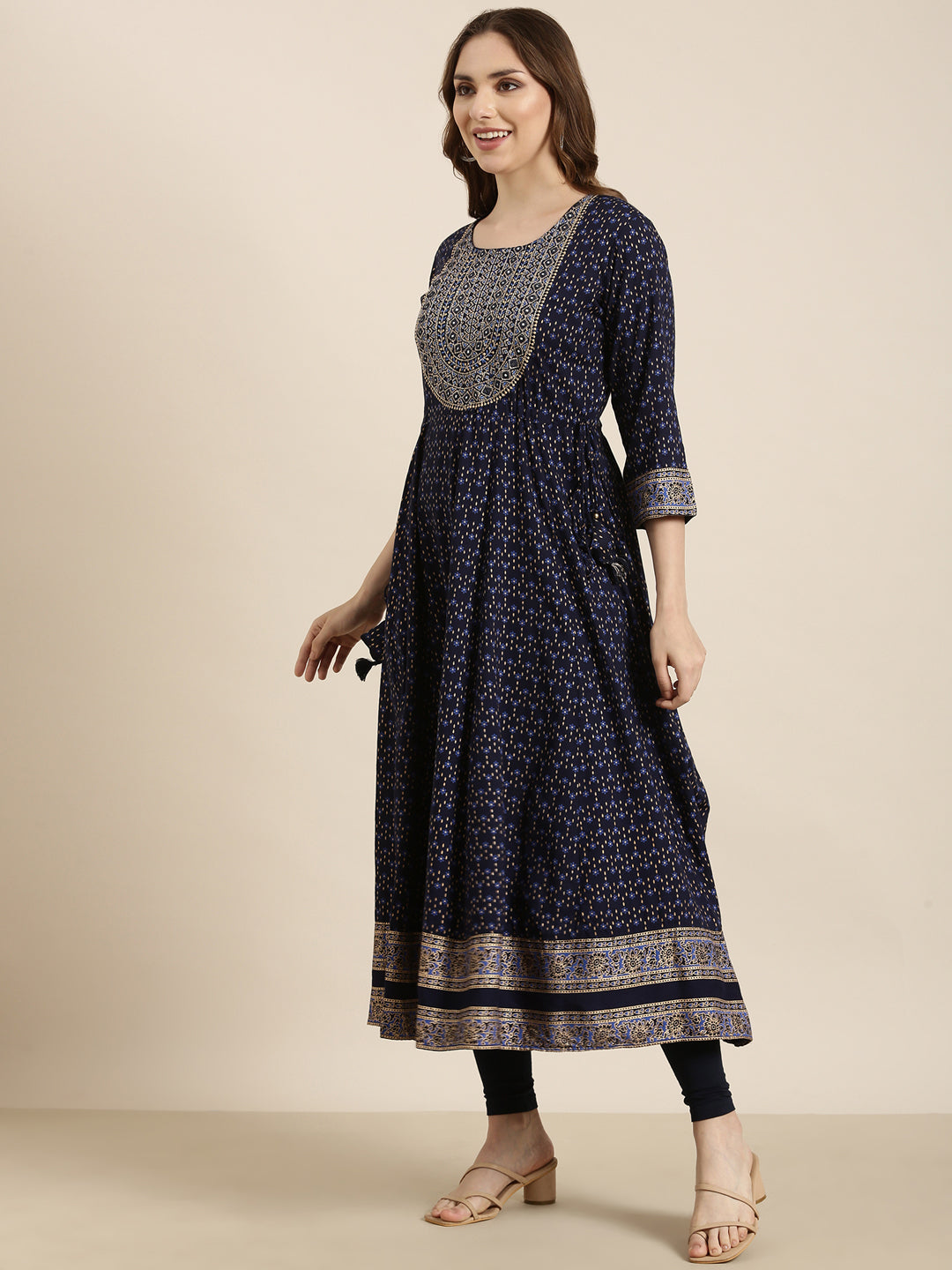 Women Anarkali Navy Blue Floral Kurta