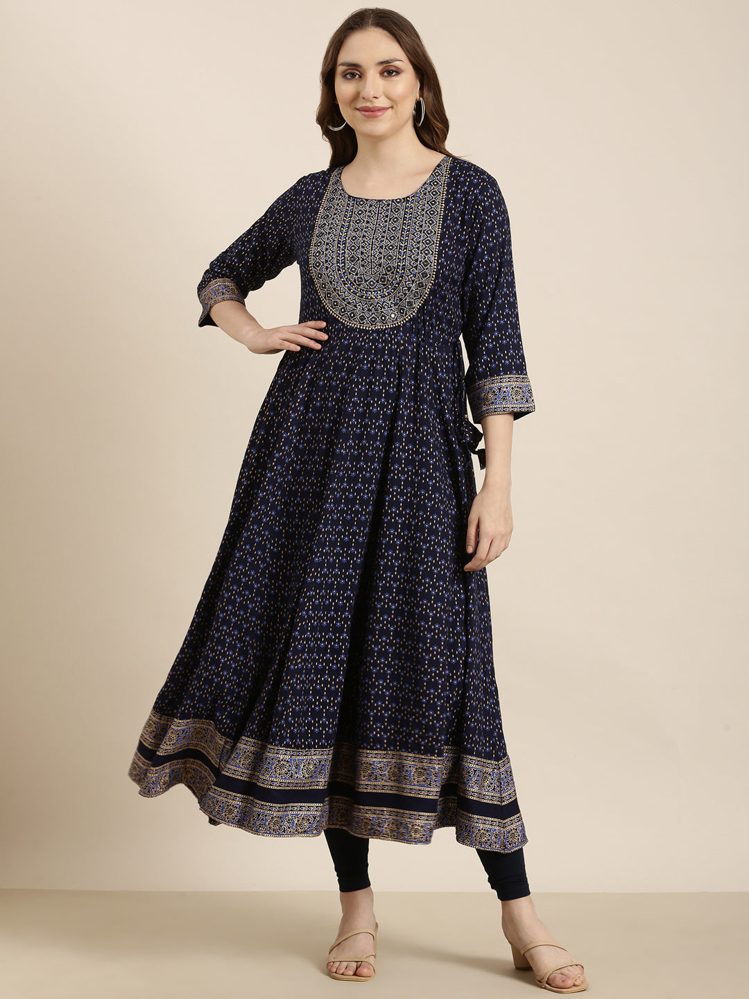 Women Anarkali Navy Blue Floral Kurta