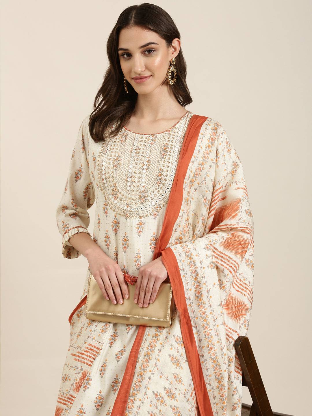 Women Cream Floral Kurta Set