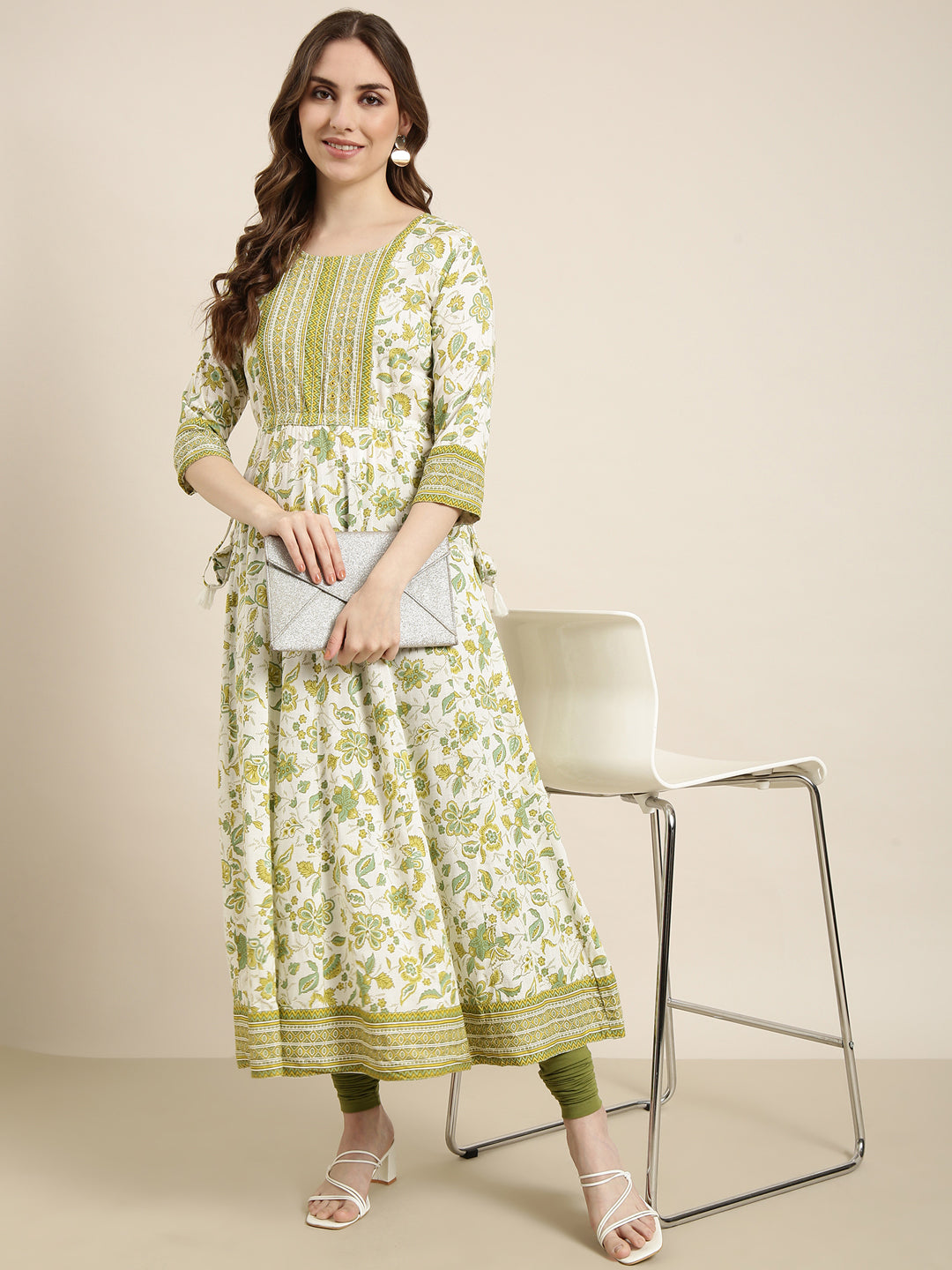 Women Anarkali Green Floral Kurta