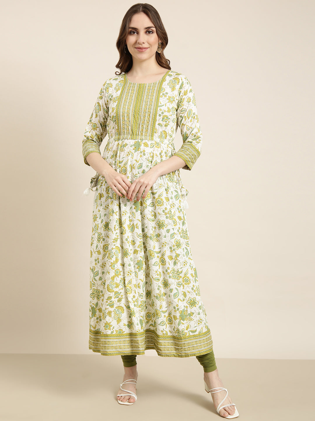 Women Anarkali Green Floral Kurta