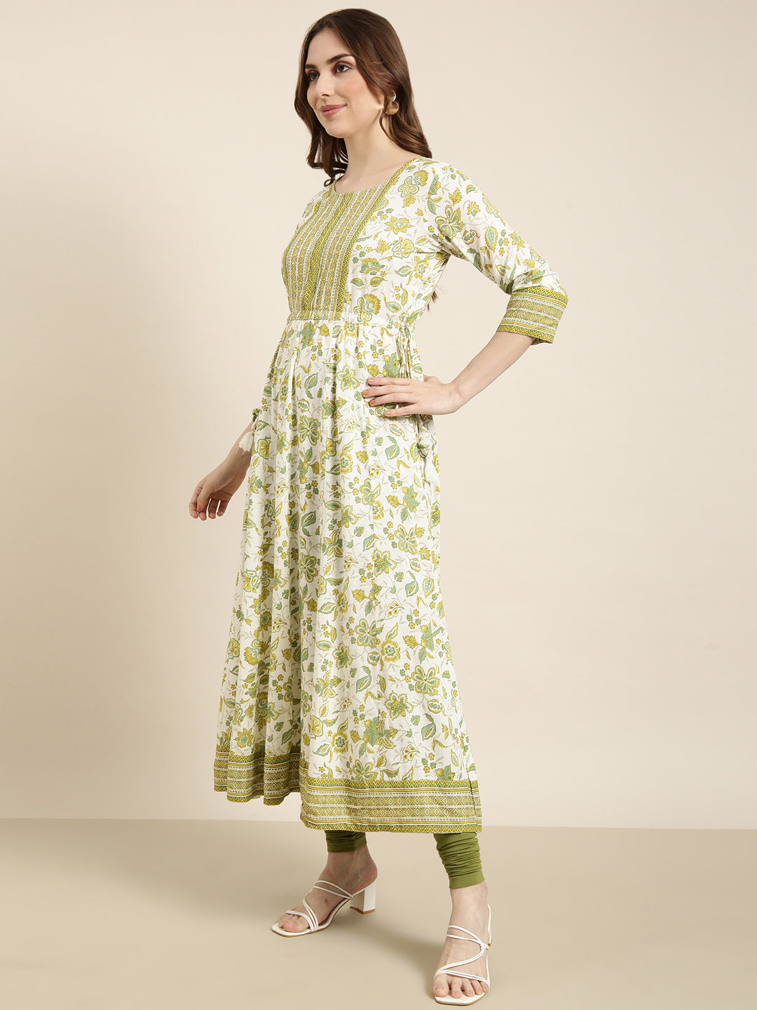 Women Anarkali Green Floral Kurta