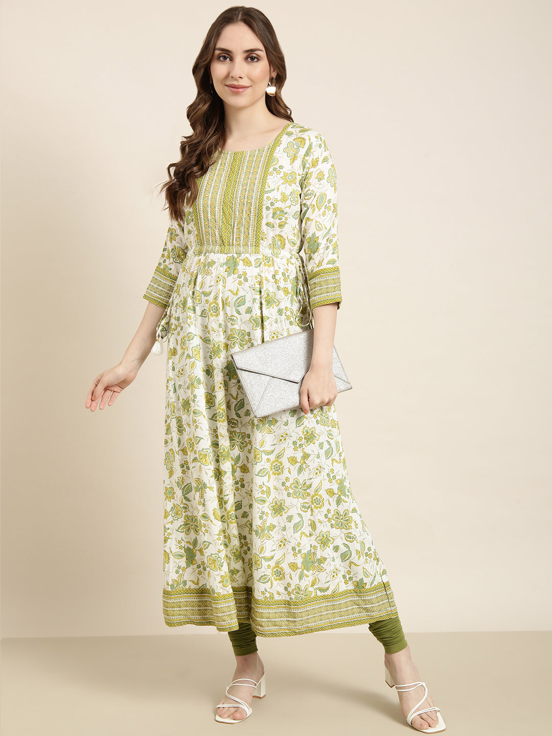 Women Anarkali Green Floral Kurta