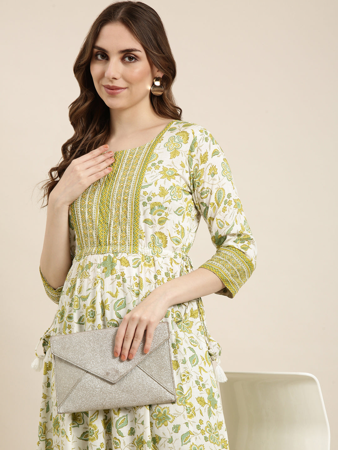 Women Anarkali Green Floral Kurta