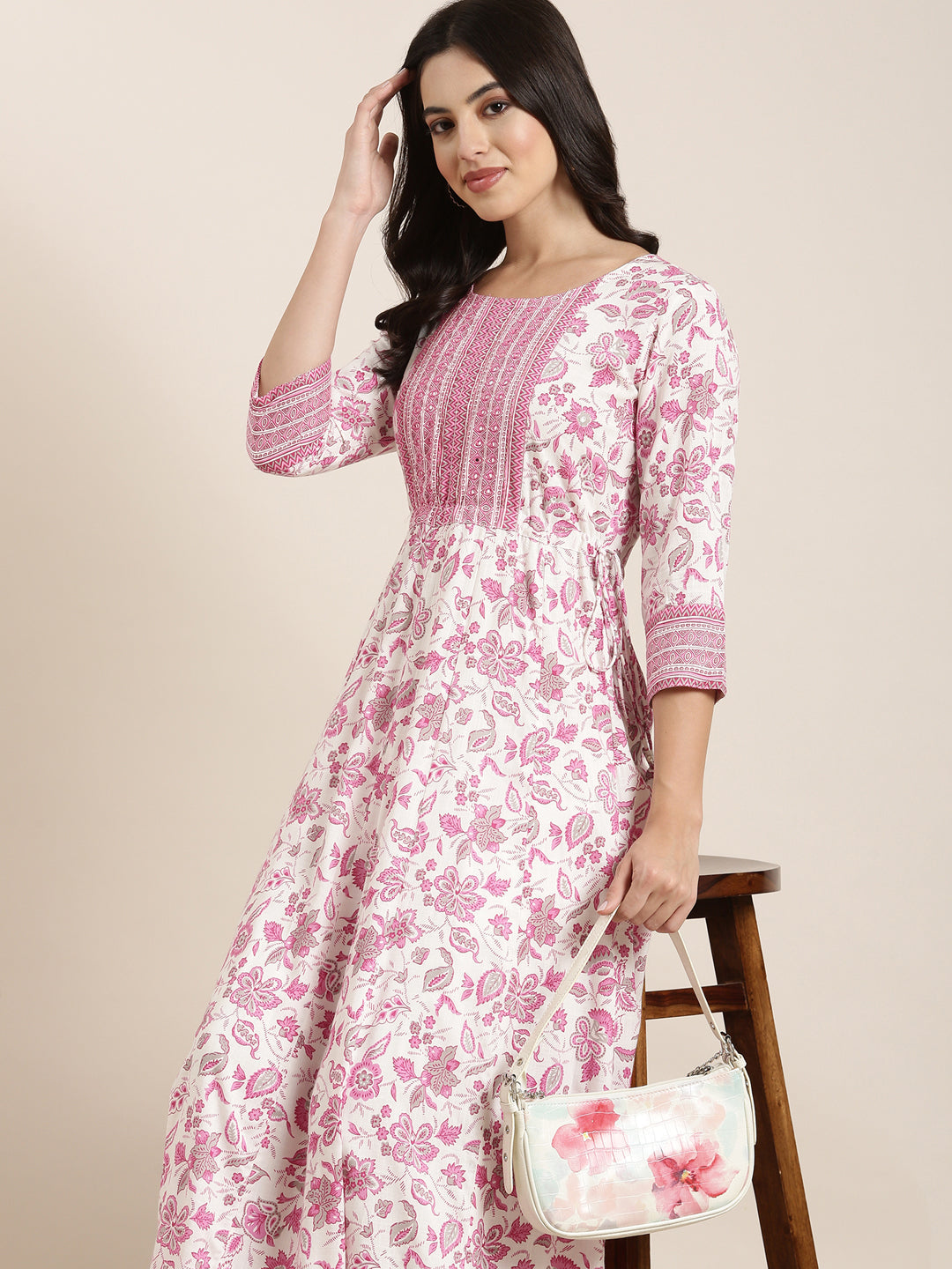 Women's Anarkali Pink Floral Kurta