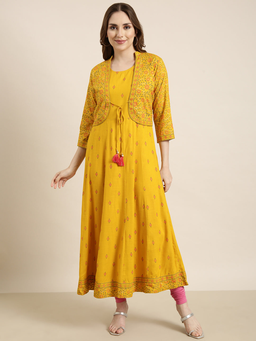 Women Anarkali Mustard Floral Kurta Comes With Overcoat