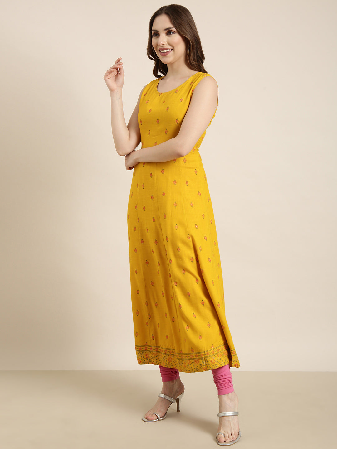 Women Anarkali Mustard Floral Kurta Comes With Overcoat