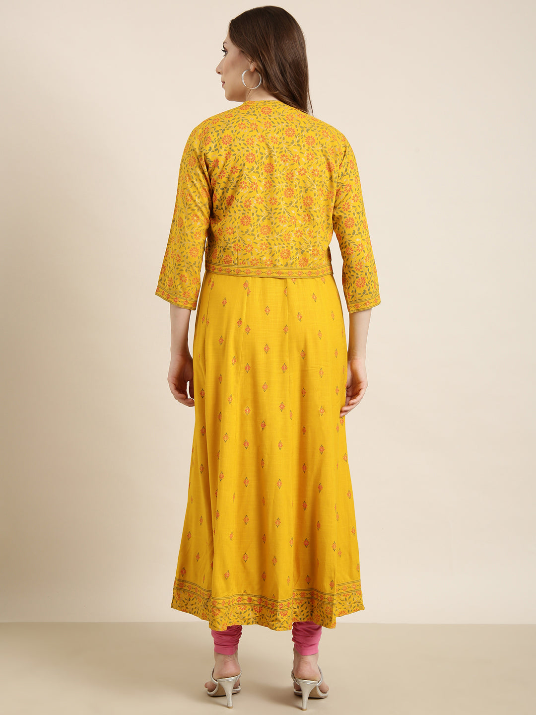 Women Anarkali Mustard Floral Kurta Comes With Overcoat