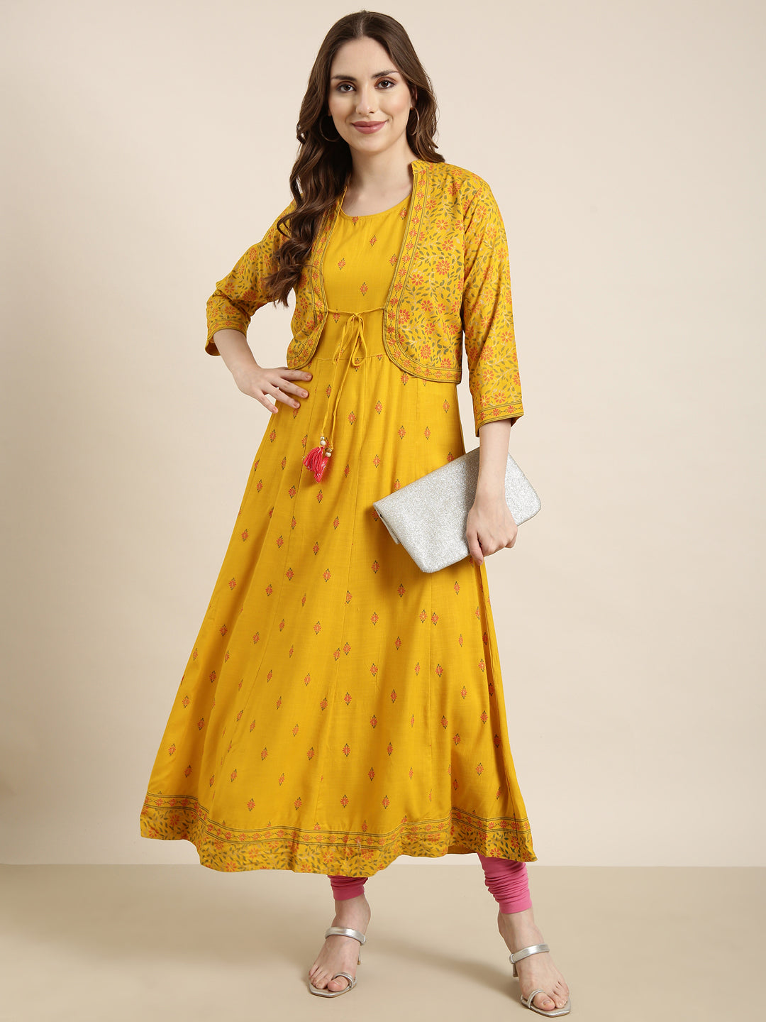 Women Anarkali Mustard Floral Kurta Comes With Overcoat