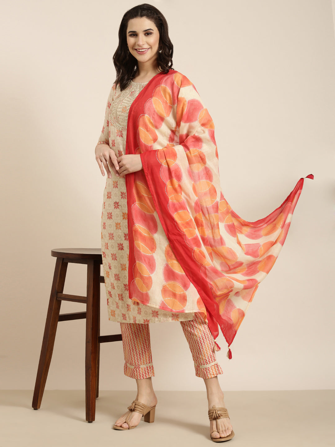 Women Straight Beige Geometric Kurta and Trousers Set Comes With Dupatta