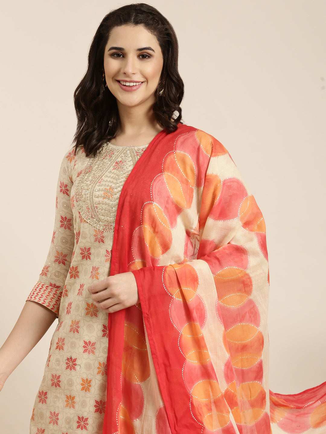 Women Straight Beige Geometric Kurta and Trousers Set Comes With Dupatta