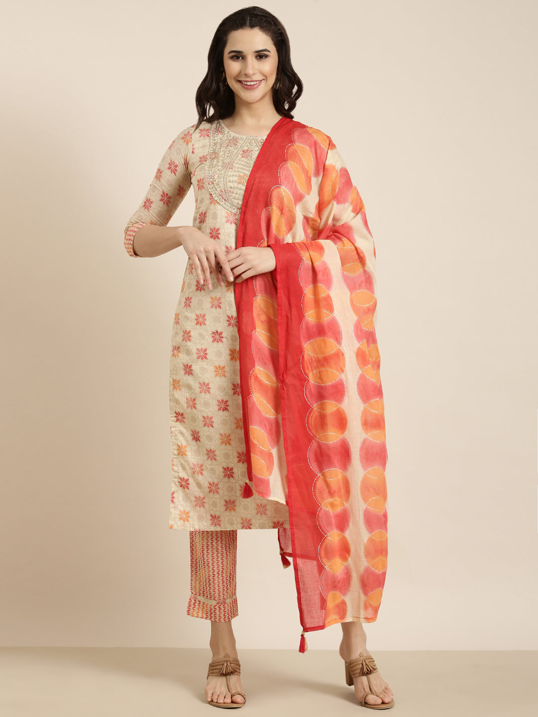 Women Straight Beige Geometric Kurta and Trousers Set Comes With Dupatta