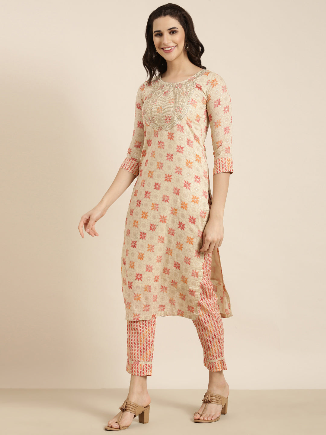 Women Straight Beige Geometric Kurta and Trousers Set Comes With Dupatta