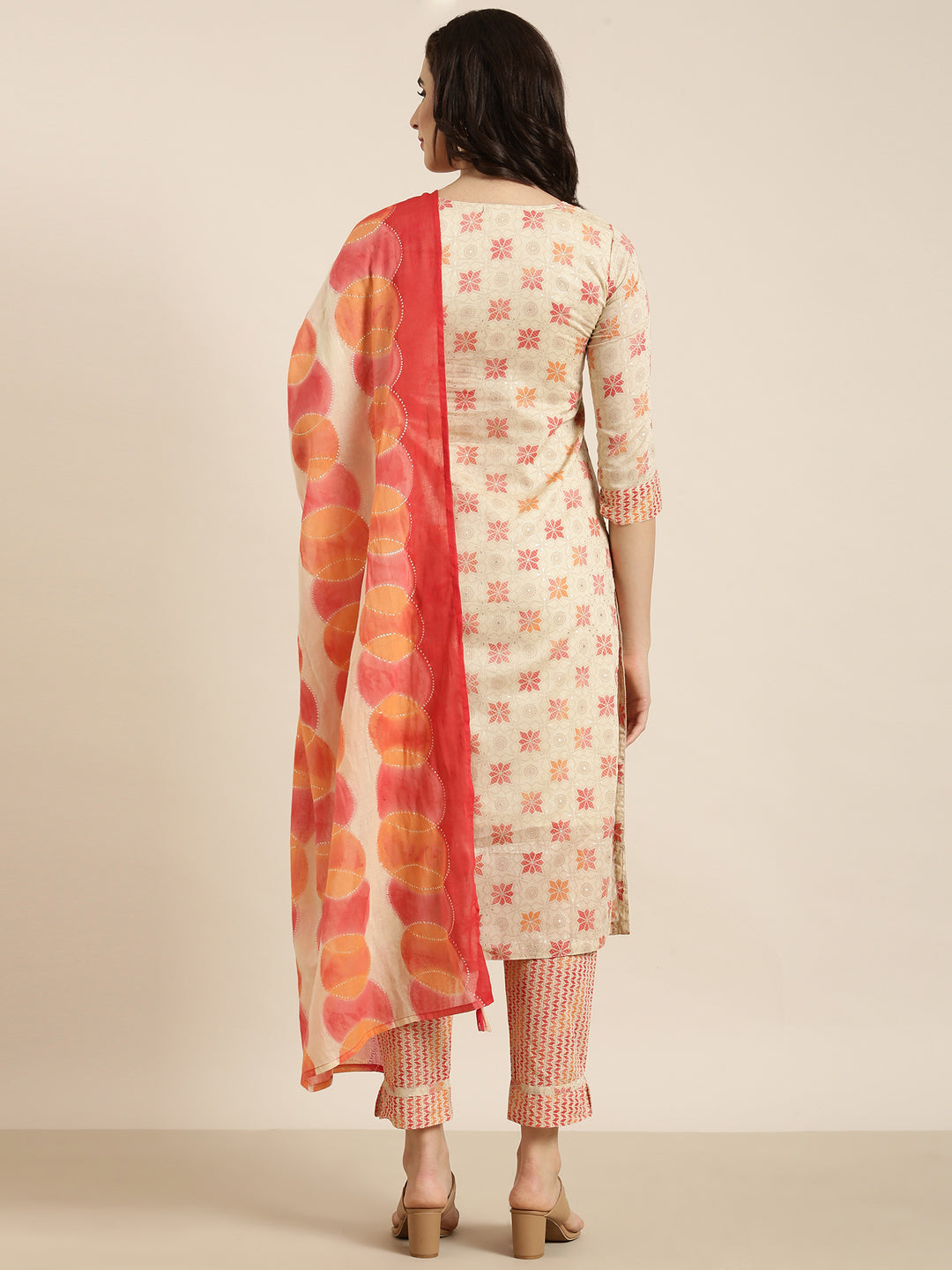 Women Straight Beige Geometric Kurta and Trousers Set Comes With Dupatta