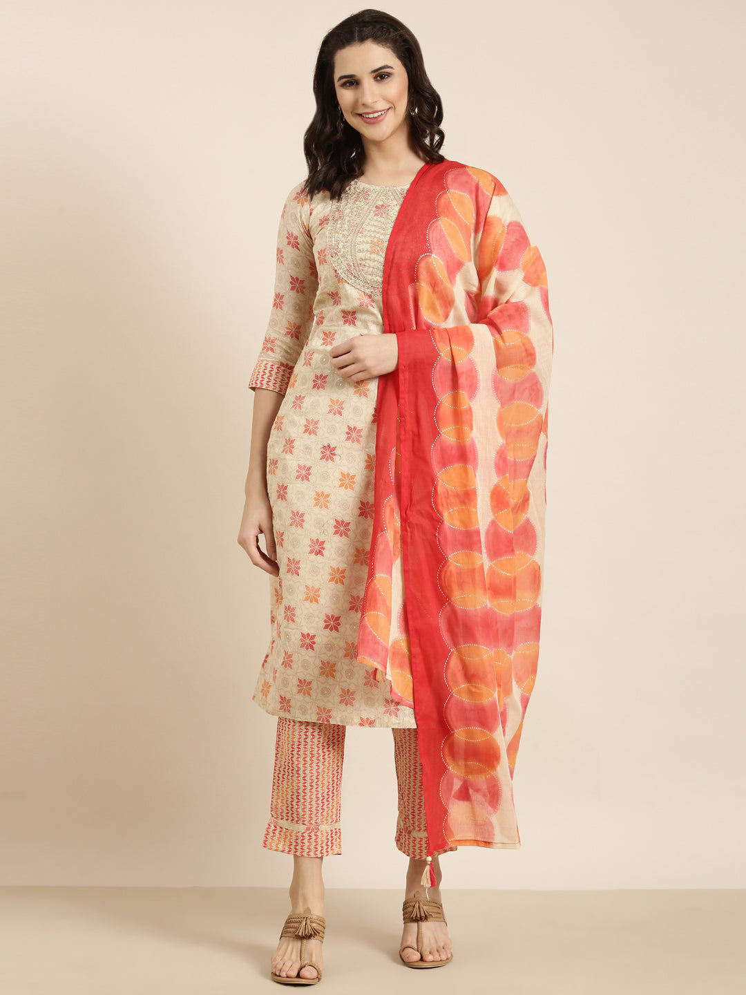 Women Straight Beige Geometric Kurta and Trousers Set Comes With Dupatta