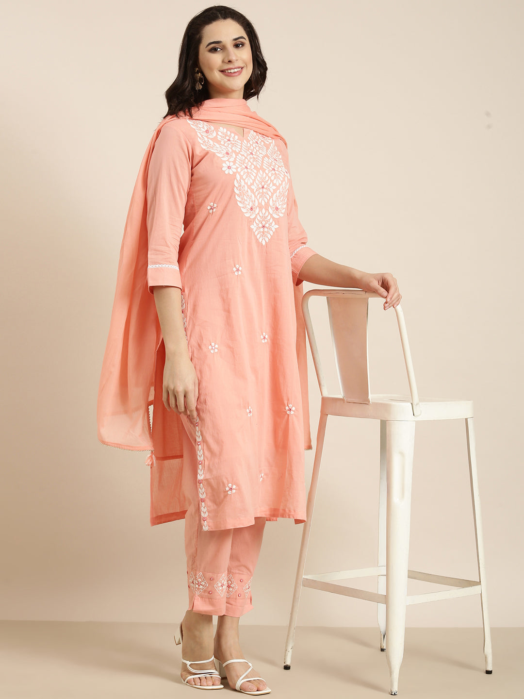 Women Straight Peach Solid Kurta and Trousers Set Comes With Dupatta