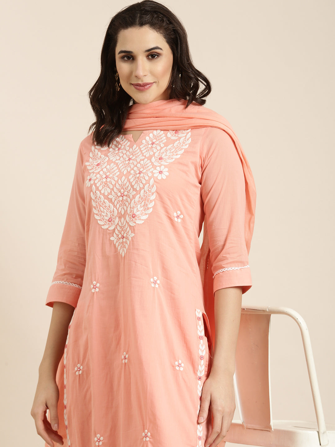 Women Straight Peach Solid Kurta and Trousers Set Comes With Dupatta