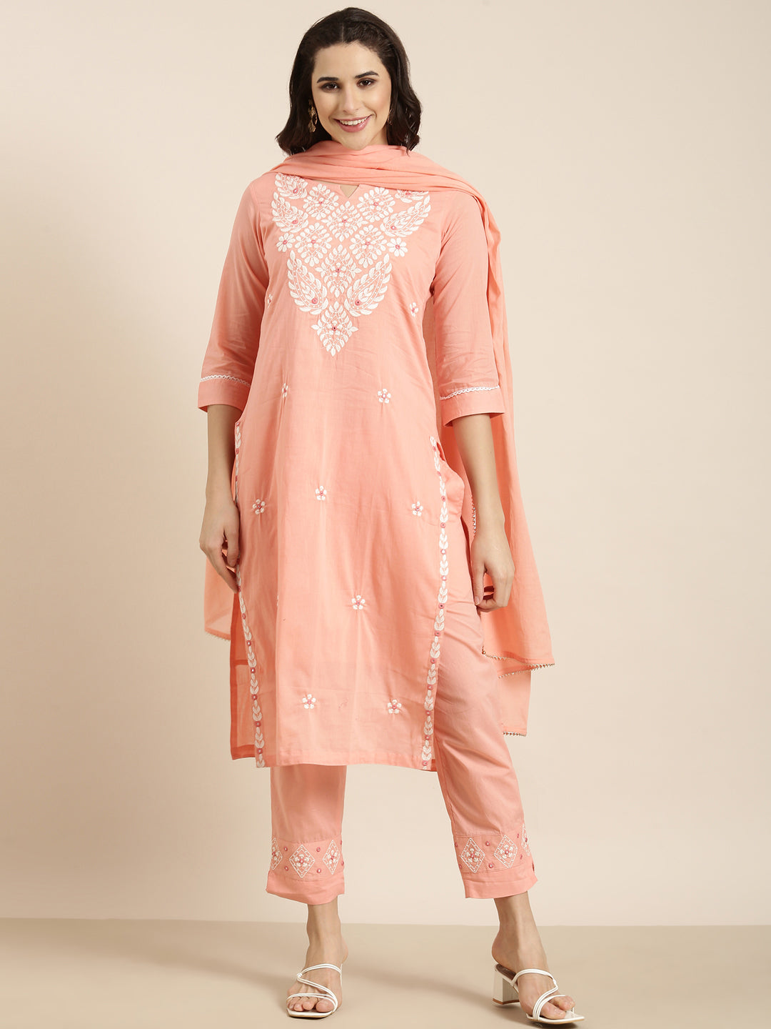 Women Straight Peach Solid Kurta and Trousers Set Comes With Dupatta