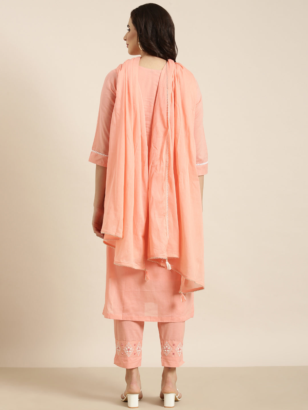 Women Straight Peach Solid Kurta and Trousers Set Comes With Dupatta