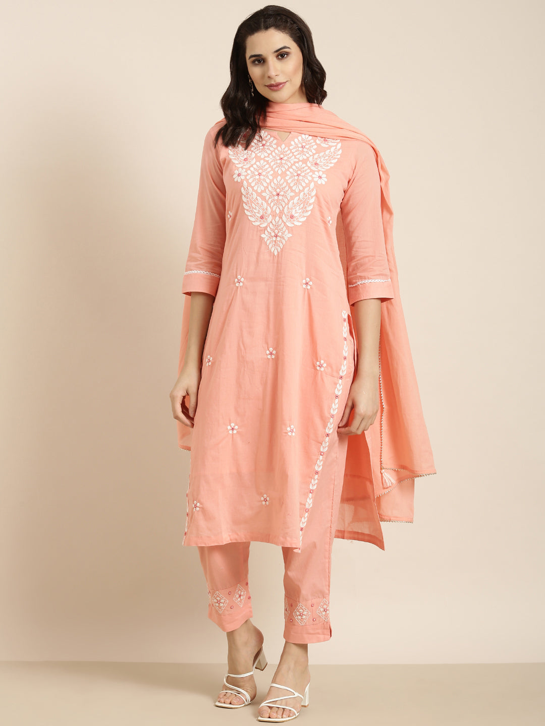 Women Straight Peach Solid Kurta and Trousers Set Comes With Dupatta